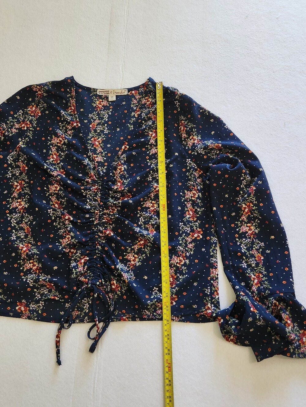 Gypsies & Moondust Navy Floral Ruched Drawstring Blouse Flared Cuff Size Large - Picture 4 of 9